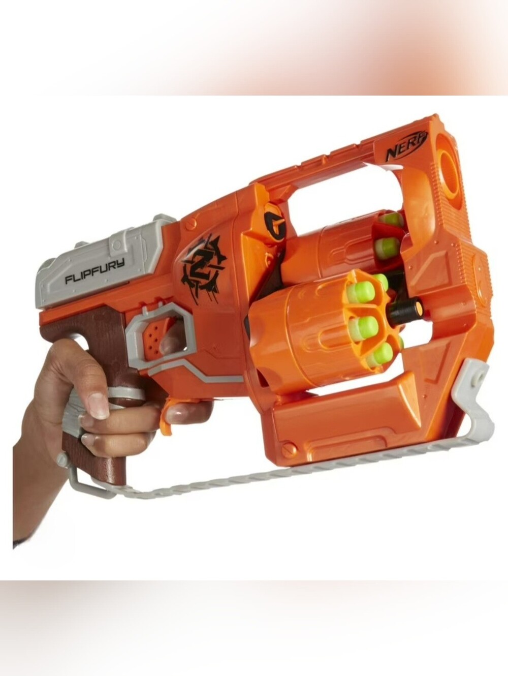 Nerf FlipFury Dual-Barrel Blaster in Orange with Green Darts